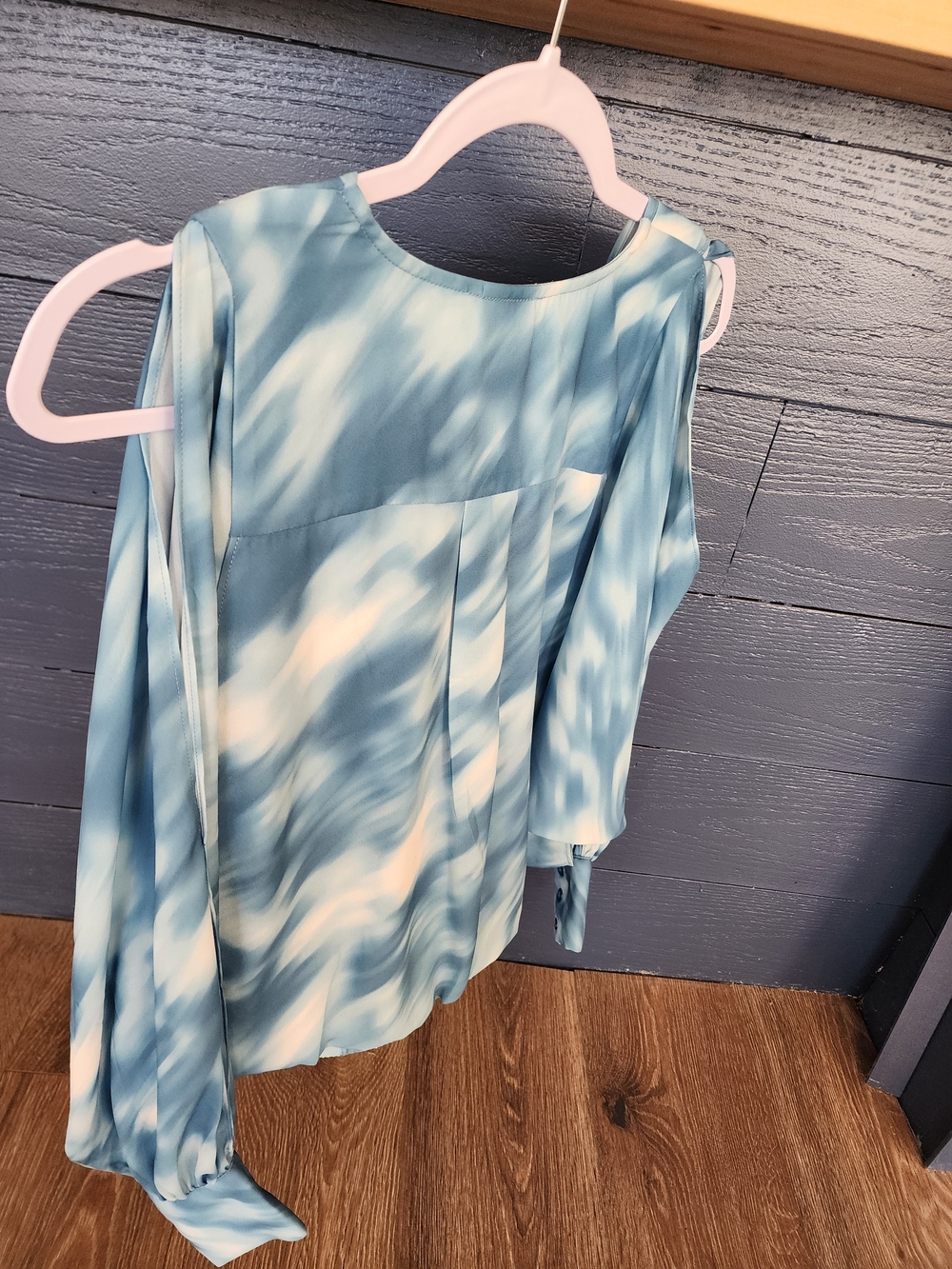 INC International Concepts Sky Blue & White Tie-Dye Faux Wrap Blouse - Picture 3 of 3